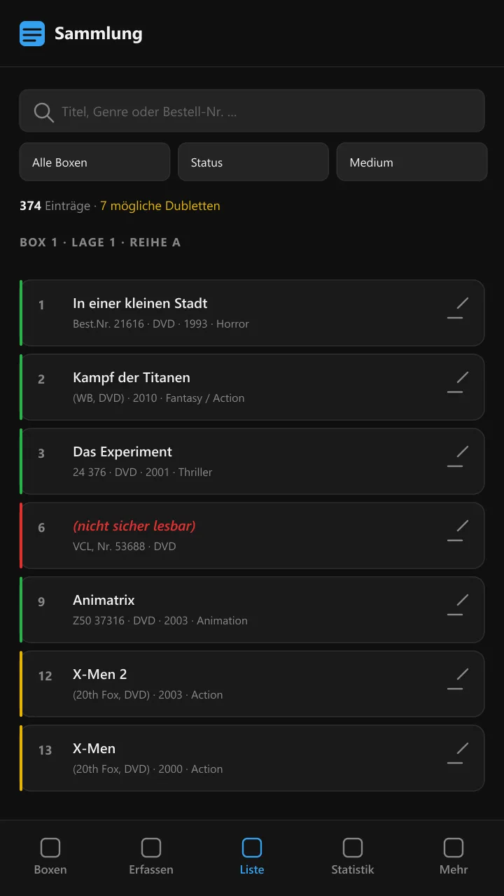 Gesamtliste mit Suche und Filtern